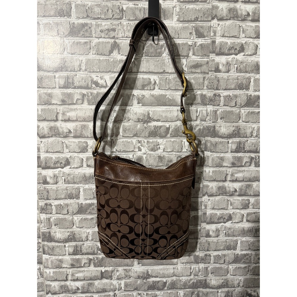 Coach Signature Jacquard Crossbody Bag Brown Leather Trim Brass Hardware